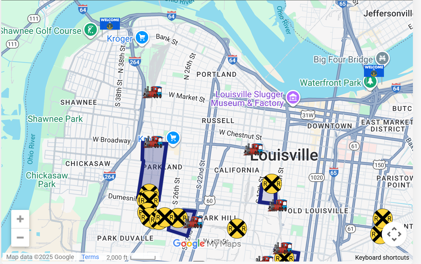 Metro Detours map showing train crossings, low-visibility curves, and detour routes